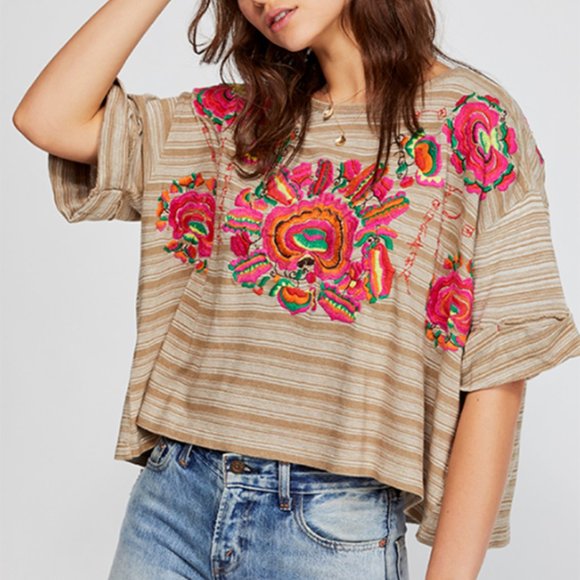 Free People Tops - Free People • Catalunya Embroidered Strip Tee• NWT